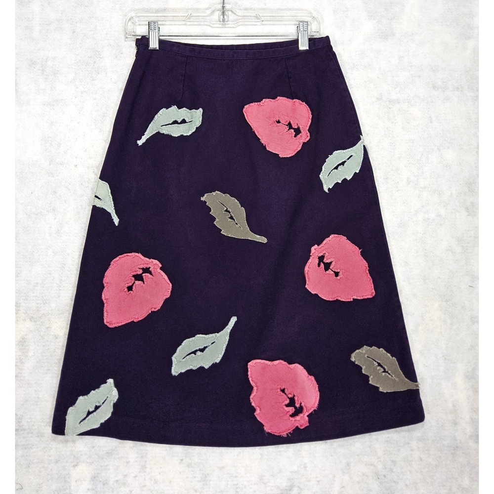 Boden Skirt US 6 6L Floral Applique A-Line Purple Below The Knee Leafs Flare - Picture 3 of 7